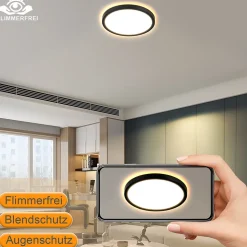 NETTLIFE Plafonnier LED Plat Noir 22cm 18w à Intensité Variable Pour Chambre à Coucher Cuisine 3000k - 6500k