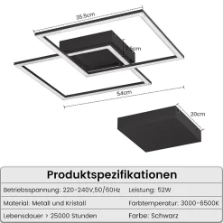 NETTLIFE Plafonnier LED plafonnier salon - lampe de salon lampe de cuisine dimmable 52W noir