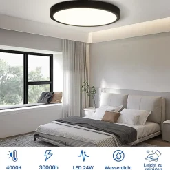 NETTLIFE Plafonnier LED Rond Noir 24 W Moderne LED Blanc Neutre 4000 K IP44 Ultra Fin Diamètre 23 cm pour Cuisine Bureau Salon