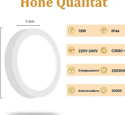 NETTLIFE Plafonnier LED Rond Moderne Blanc Lampe de Couloir 3000K 18W IP44 Étanche pour Cuisine Bureau Salle de Bain d'Enfant