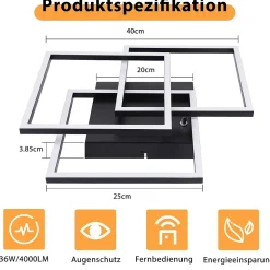 NETTLIFE Plafonnier LED Salon Noir Dimmable Carré Moderne 36w Avec Télécommande