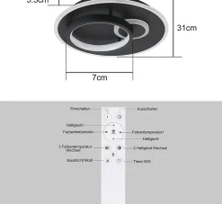 NETTLIFE Plafonnier LED Salon Noir Lampe de 33 W Dimmable avec Télécommande Lampe Design Moderne Lampe Ronde pour Chambre Couloir