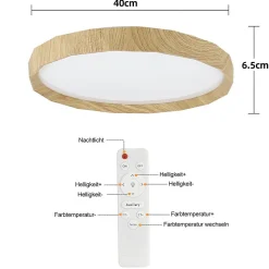 NETTLIFE Plafonnier LED Salon, aspect bois, 40cm, 43W, dimmable, pour chambre et salon, avec télécommande