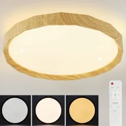 NETTLIFE Plafonnier LED Salon, aspect bois, 40cm, 43W, dimmable, pour chambre et salon, avec télécommande