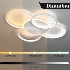 NETTLIFE Plafonnier LED Salon Dimmable 70W avec télécommande 5 anneaux Blanc Moderne Acrylique Dimmable