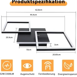 NETTLIFE Plafonnier LED Salon Noir Dimmable Carré Moderne 36w Avec Télécommande