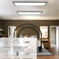 NETTLIFE Plafonnier LED 120x30CM 48W Panneau Noir Dimmable avec Télécommande pour Salon Moderne Bureau Cuisine Couloir