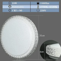 NETTLIFE Plafonnier LEDavec télécommande à intensité variable 18W, diamètre 30cm, ciel étoilé en cristal moderne,