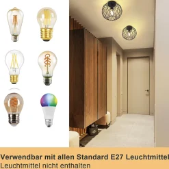 NETTLIFE Plafonnier noir lampe de salle à manger cage grille vintage E27 spot de plafond en métal