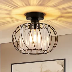 NETTLIFE Plafonnier Plafonnier moderne en cristal : Lampe de couloir noire E27 Lampe de cuisine vintage avec cadre en métal