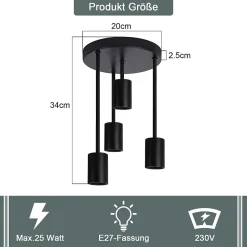 NETTLIFE Plafonnier plafonnier vintage noir 4 ampoules E27 rétro métal industriel Sans ampoules