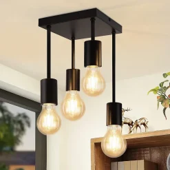 NETTLIFE Plafonnier plafonnier noir vintage E27 4 ampoules rétro métal Sans ampoules