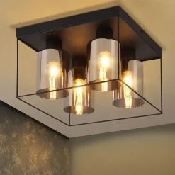 NETTLIFE Plafonnier salon plafonnier verre 4 ampoules E27 vintage noir style industriel métal rétro