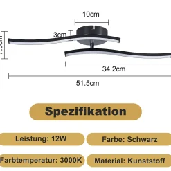 NETTLIFE Plafonnier salon LED plafonnier chambre moderne noir 12W 3000K intérieur blanc chaud