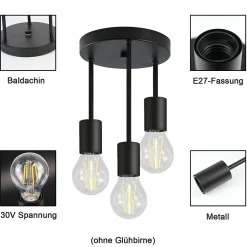 NETTLIFE Plafonnier vintage noir - Spot de plafond suspendu à 3 lampes E27 avec 3 spots