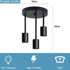 NETTLIFE Plafonnier vintage noir - Spot de plafond suspendu à 3 lampes E27 avec 3 spots