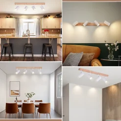 NETTLIFE Spot de Plafond 4 Ampoules Plafonnier en Bois Blanc GU10 Vintage Pivotant