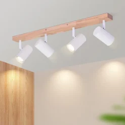 NETTLIFE Spot de Plafond 4 Ampoules Plafonnier en Bois Blanc GU10 Vintage Pivotant