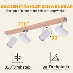 NETTLIFE Spot de Plafond 4 Ampoules Plafonnier en Bois Blanc GU10 Vintage Pivotant