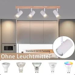 NETTLIFE Spot de Plafond 4 Ampoules Plafonnier en Bois Blanc GU10 Vintage Pivotant