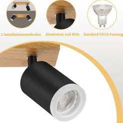 NETTLIFE Spot de plafond noir GU10 spot mural en bois vintage pivotant sans ampoule industriel