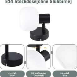 NETTLIFE Spot de plafond noir E14 abat-jour en verre vintage d'intérieur Spot moderne pour chambre à coucher salon