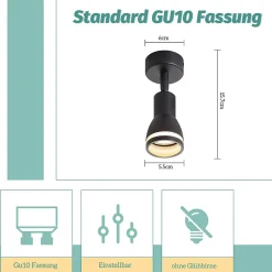 NETTLIFE Spot de plafond LED 1 ampoule noir salon plafonnier orientable GU10 spot lampe moderne