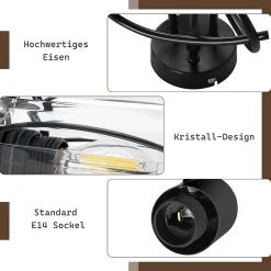 NETTLIFE Spot 3er De Plafond En Cristal Noir Vintage E14 Pour Couloir Pivotant à 350 Industriel