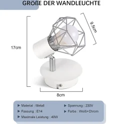 NETTLIFE Spot Mural Vintage Blanc Applique Murale E14 Abat-Jour en Métal Rétro Bar Salle à Manger Hôtel Max.