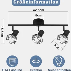 NETTLIFE Spot plafond 3 ampoules E14 noir industriel orientable vintage salon cuisine chambre