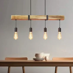 NETTLIFE Suspension 4 ampoules E27 Diam.80cm rétro avec poutre en bois Vintage pour salle à manger cuisine max.25W