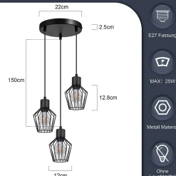 NETTLIFE Suspension 3 ampoules suspension ronde suspension noire LED E27 métal rétro