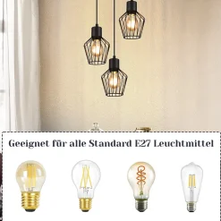 NETTLIFE Suspension 3 ampoules suspension ronde suspension noire LED E27 métal rétro