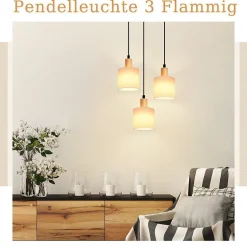 NETTLIFE Suspension bois blanc Diam.20 cm E14 vintage 3 ampoules ronde pour salle à manger restaurant cuisine chambre bureau