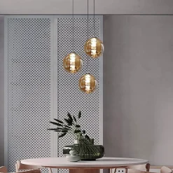 NETTLIFE Suspension en verre ambre Diam.28cm G9 lustre réglable en hauteur 3 lampes en ambre