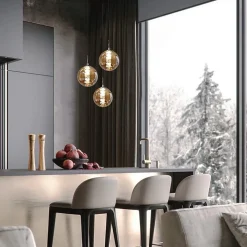 NETTLIFE Suspension en verre ambre Diam.28cm G9 lustre réglable en hauteur 3 lampes en ambre