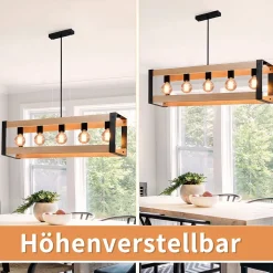 NETTLIFE Suspension lampe de salle à manger vintage en bois noire E27 5 flammes table à manger industrielle