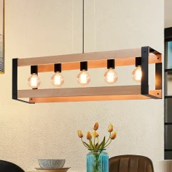 NETTLIFE Suspension lampe de salle à manger vintage en bois noire E27 5 flammes table à manger industrielle