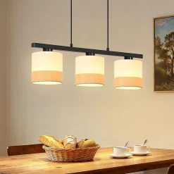 Nettlife Suspension lampe suspendue à 3 lumières, abat-jour en tissu, hauteur réglable, E27(Sans ampoules)