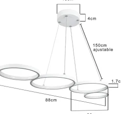 NETTLIFE Suspension LED Blanc 88cm 4 Anneaux Métal Dimmable avec Télécommande