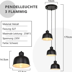 NETTLIFE Suspension Métal Diam.17,8 cm E27 Noir Vintage Industriel Rétro Cuisine Lampe 3 Ampoules pour Salle à Manger