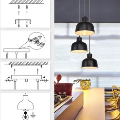 NETTLIFE Suspension Métal Diam.17,8 cm E27 Noir Vintage Industriel Rétro Cuisine Lampe 3 Ampoules pour Salle à Manger