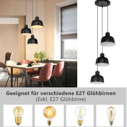 NETTLIFE Suspension Métal Diam.17,8 cm E27 Noir Vintage Industriel Rétro Cuisine Lampe 3 Ampoules pour Salle à Manger