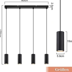 NETTLIFE Suspension métal noir diamètre 60 cm GU10 4 flammes salon industriel salle à manger lampe moderne pour intérieur