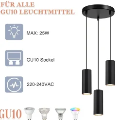 NETTLIFE Suspension métal noir Diam.20 cm GU10 3 flammes table à manger salon salle à manger moderne lampe industrielle