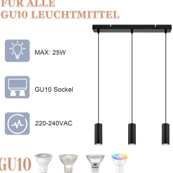 NETTLIFE Suspension métal noir diamètre 44 cm GU10 3 ampoules salon moderne industriel pour intérieur