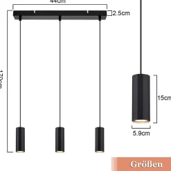 NETTLIFE Suspension métal noir diamètre 44 cm GU10 3 ampoules salon moderne industriel pour intérieur