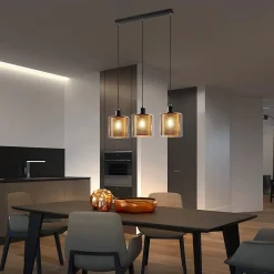 NETTLIFE Suspension métal noir doré E14 Diam.171,5 cm vintage industrielle verre 3 lampes pour salon, bureau, salle à manger