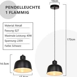 NETTLIFE Suspension Métal Noir E27 Diam.170cm Table à Vintage Lampe Industrielle 1 Ampoule