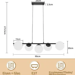 NETTLIFE Suspension noir E27 verre lampe à suspendre 5-flamme lampe de salle à manger moderne 150CM
